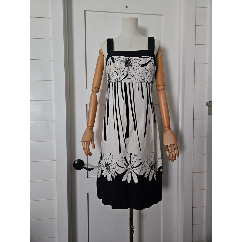 R&K Originals Floral Border Print Midi Dress Womens 12 Black White Cotton Blend